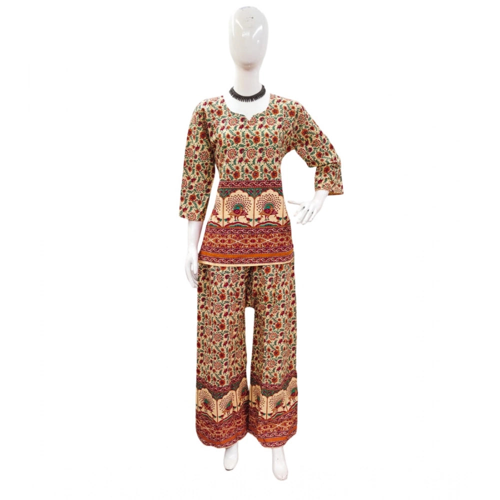 Multicolor cotton Jaipuri printed women's co ord set with 3-4th sleeves, sweetheart neckline