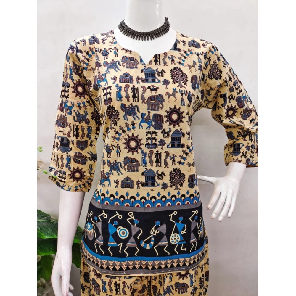 Multicolor cotton Jaipuri printed 3/4 sleeve co ord set for women, sweetheart neckline