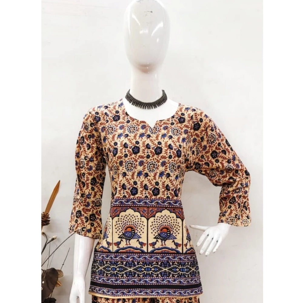 Multicolor cotton Jaipuri printed 3/4 sleeve co ord set for women, sweetheart neckline, vibrant pattern details visible