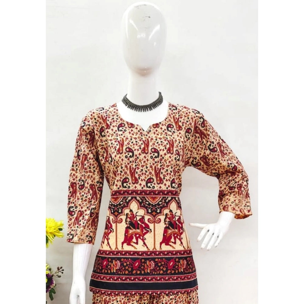 Multicolor cotton Jaipuri printed co-ord set with sweetheart neckline and 3-4th sleeves