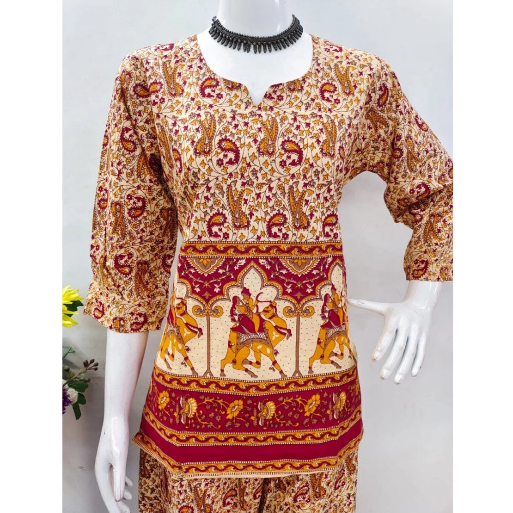 Multicolor cotton Jaipuri printed women's co ord set with sweetheart neckline and 3-4th sleeve