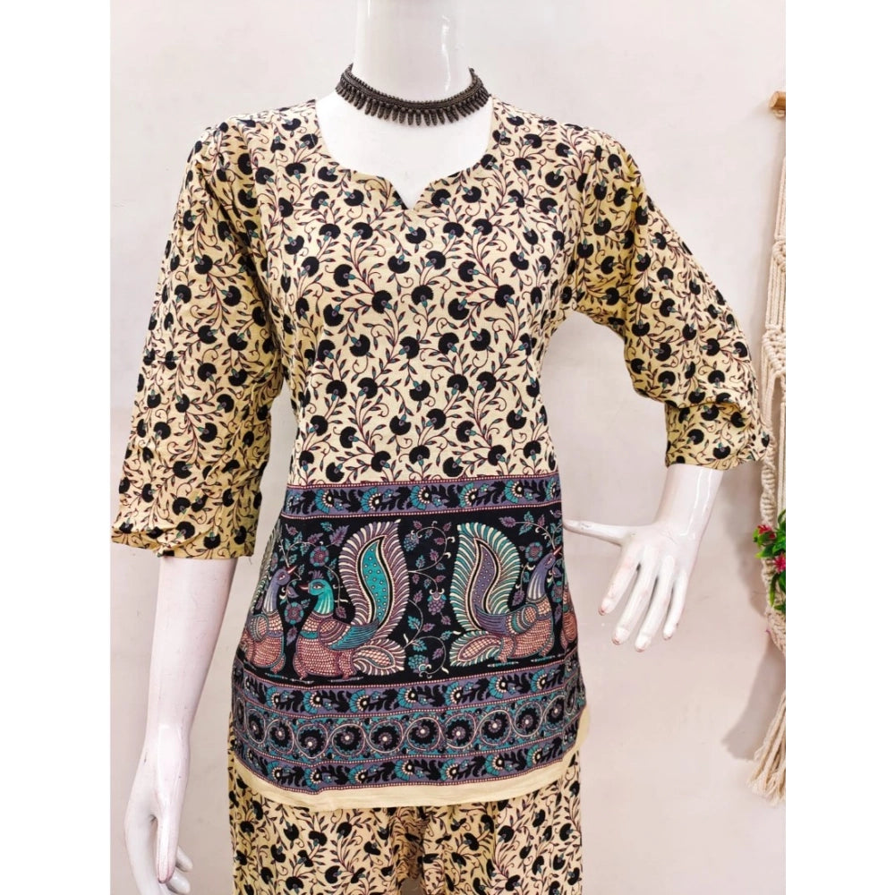 Multicolor cotton Jaipuri printed women's 3-4th sleeve coord set, sweetheart neckline