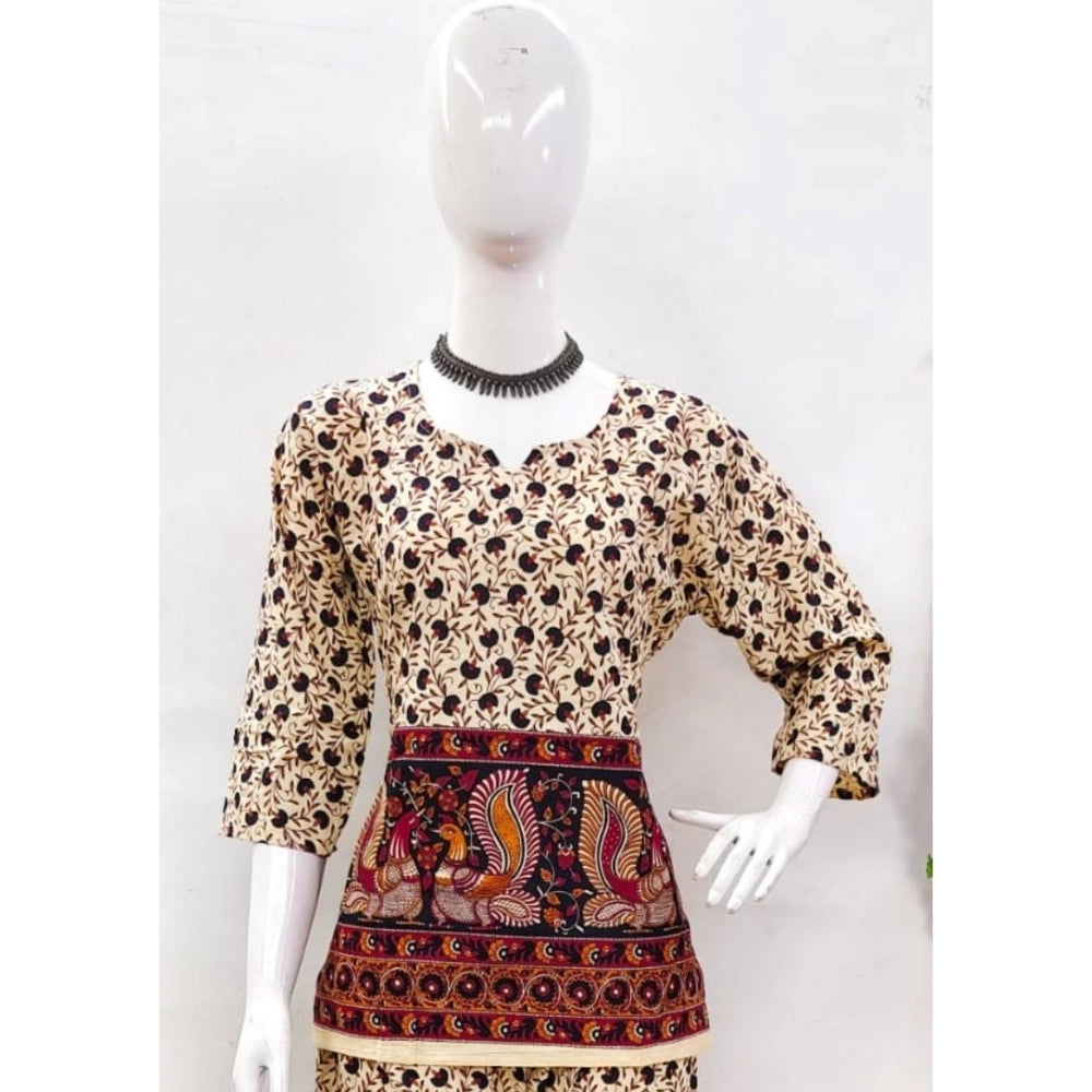 Multicolor cotton Jaipuri print co ord set, 3/4 sleeve sweetheart neckline on display