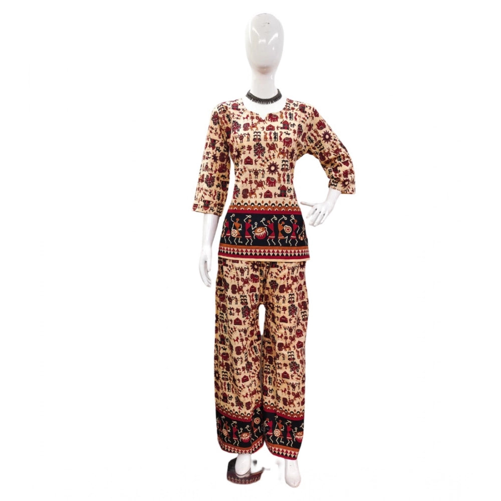 Multicolor cotton Jaipuri printed 3/4 sleeve coord set, sweetheart neckline for women's fashion