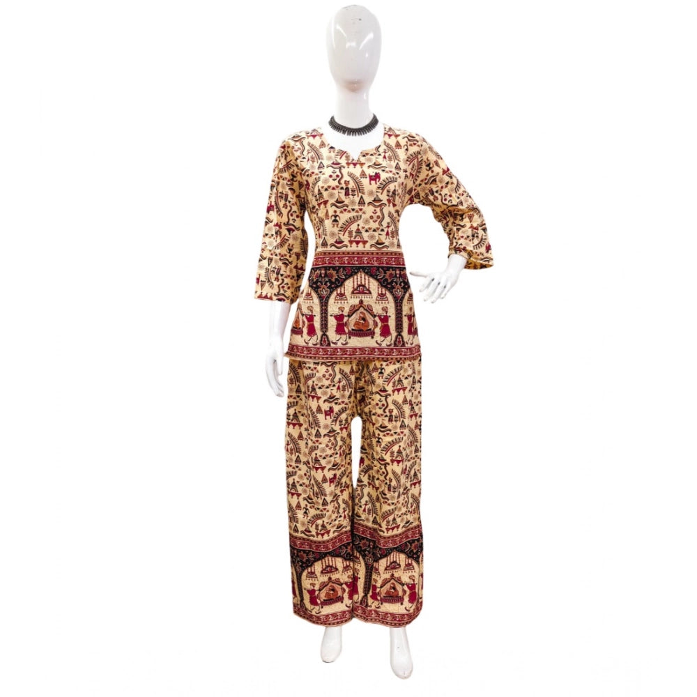 Multicolor cotton Jaipuri printed women's co ord set with 3-4th sleeve and sweetheart neck