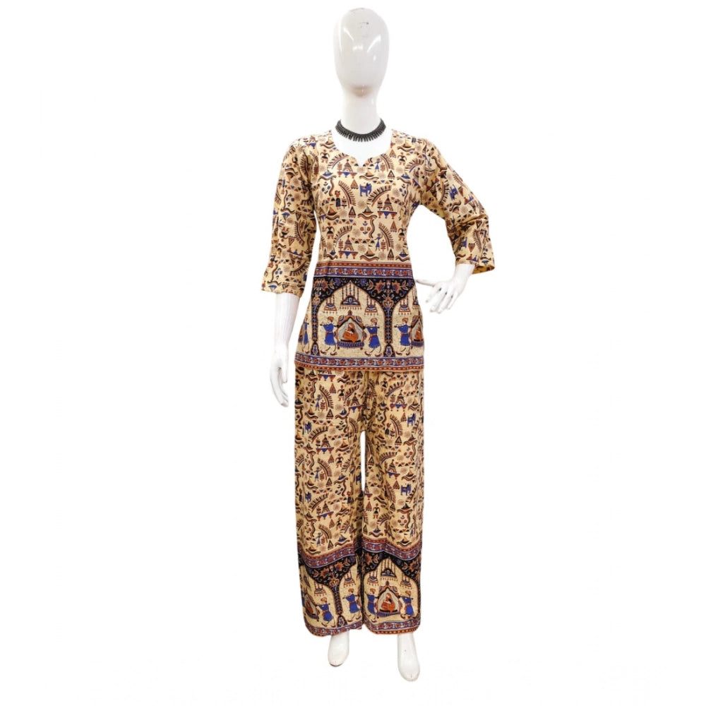 Multicolor cotton Jaipuri printed co ord set with sweetheart necklines and 3-4th sleeves