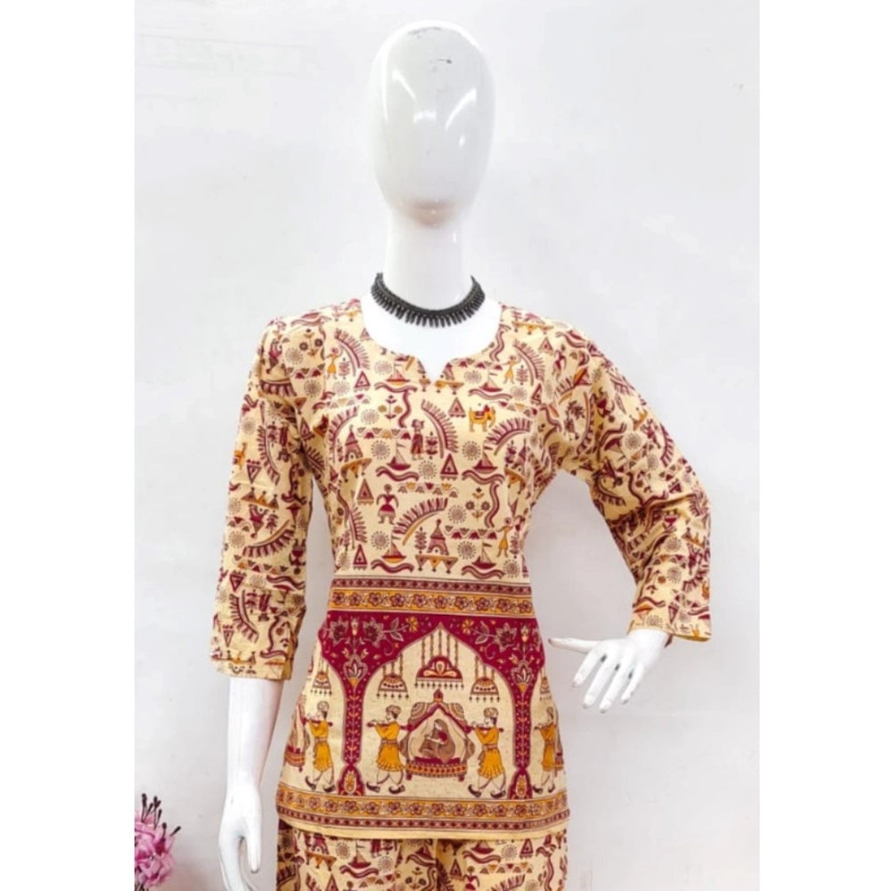 Multicolor cotton Jaipuri printed 3/4 sleeve coord set, sweetheart neckline on display