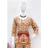 Multicolor cotton Jaipuri printed 3/4 sleeve coord set, sweetheart neckline on display