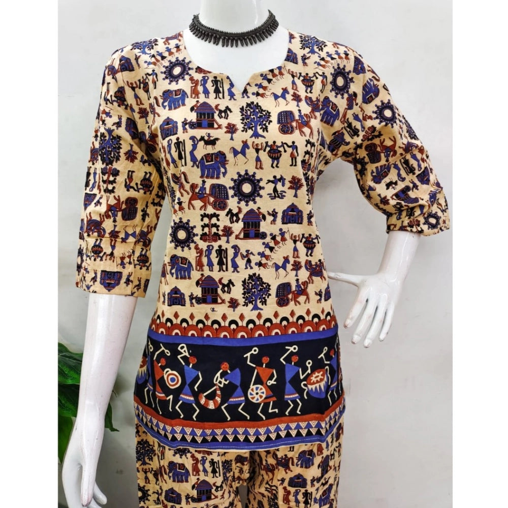 Multicolor cotton Jaipuri printed women's co ord set with 3-4th sleeves, sweetheart neckline