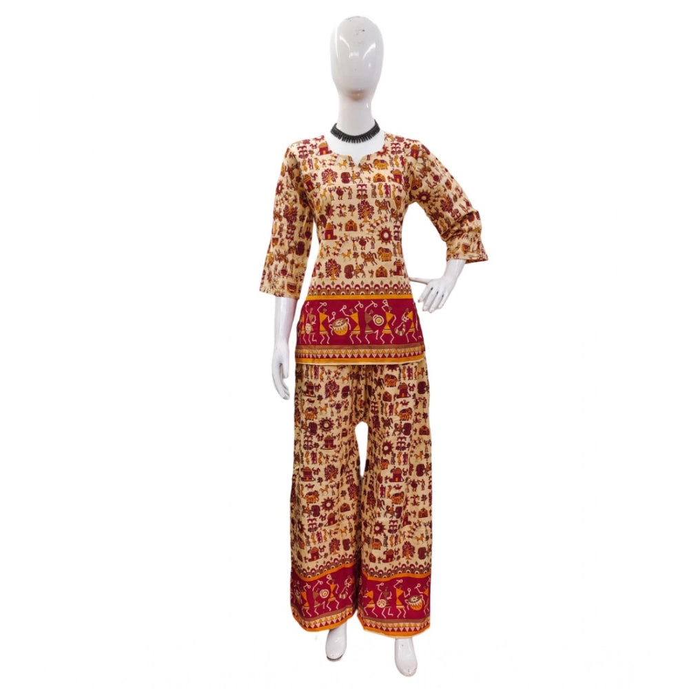 Multicolor cotton Jaipuri printed 3/4 sleeve coord set, sweetheart neckline for women's fashion