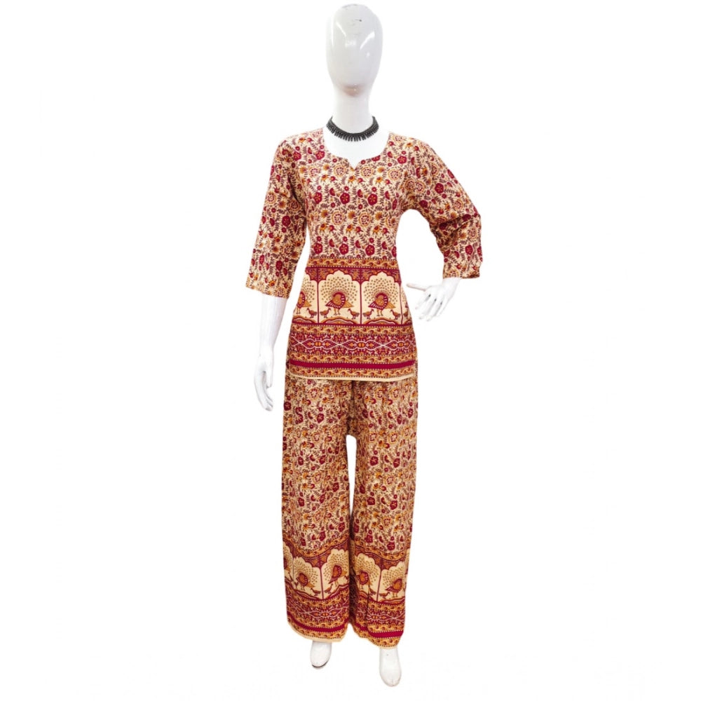Multicolor cotton Jaipuri printed co ord set with 3-4th sleeves and sweetheart neckline
