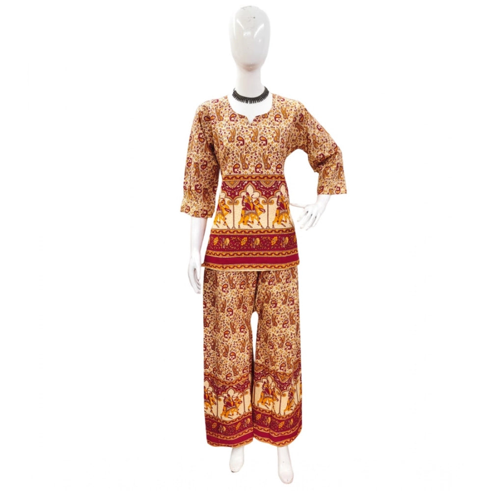 Multicolor cotton Jaipuri printed women's co ord set with 3-4th sleeves, sweetheart neckline
