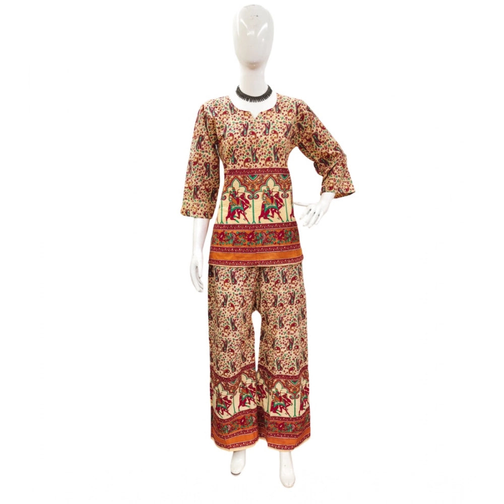 Multicolor cotton Jaipuri printed 3/4 sleeve co ord set on model, women's fashionable sweetheart neck style coordinating outfit
