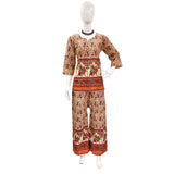 Multicolor cotton Jaipuri printed 3/4 sleeve co ord set on model, women's fashionable sweetheart neck style coordinating outfit