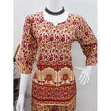 Multicolor cotton Jaipuri printed women's co ord set with 3-4th sleeves, sweetheart neckline
