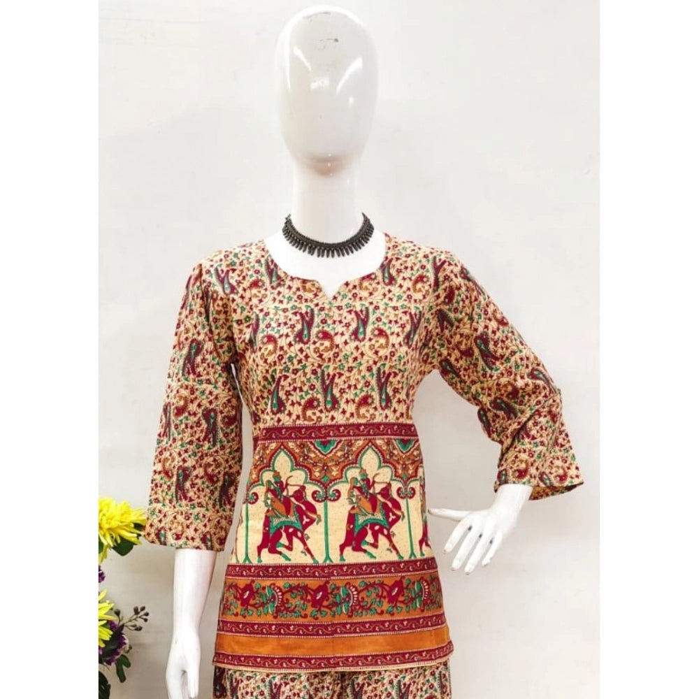 Multicolor cotton Jaipuri printed women's 3/4 sleeve coord set, sweetheart neck, vibrant cultural print on display