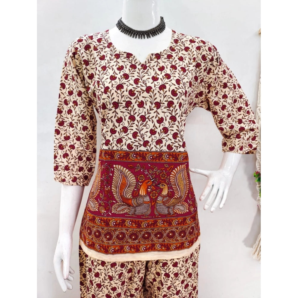 Multicolor cotton Jaipuri printed women's co ord set with sweetheart neckline and 3-4th sleeve