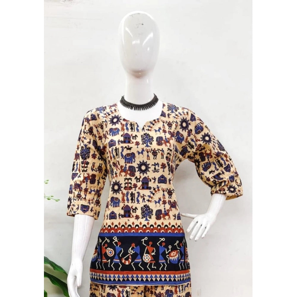 Multicolor cotton Jaipuri print women's co-ord set with 3/4 sleeves and sweetheart neckline