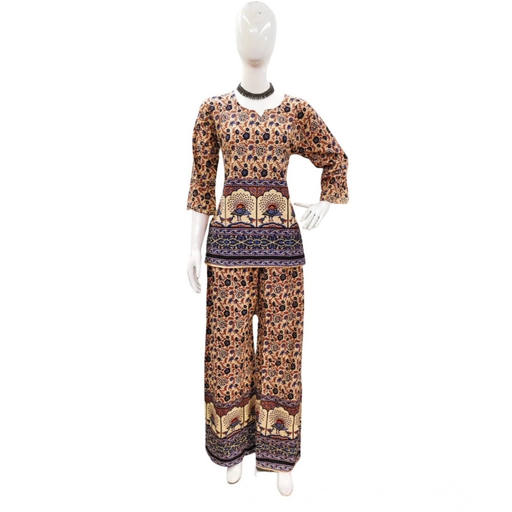 Multicolor cotton Jaipuri printed women's co ord set with 3-4th sleeves and sweetheart neckline