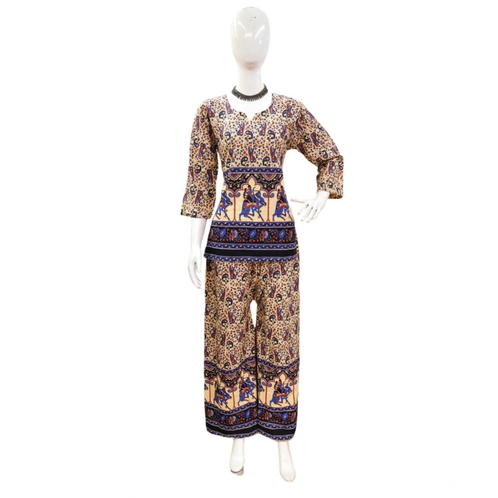 Multicolor cotton Jaipuri printed women's co ord set with 3-4th sleeves and sweetheart neckline