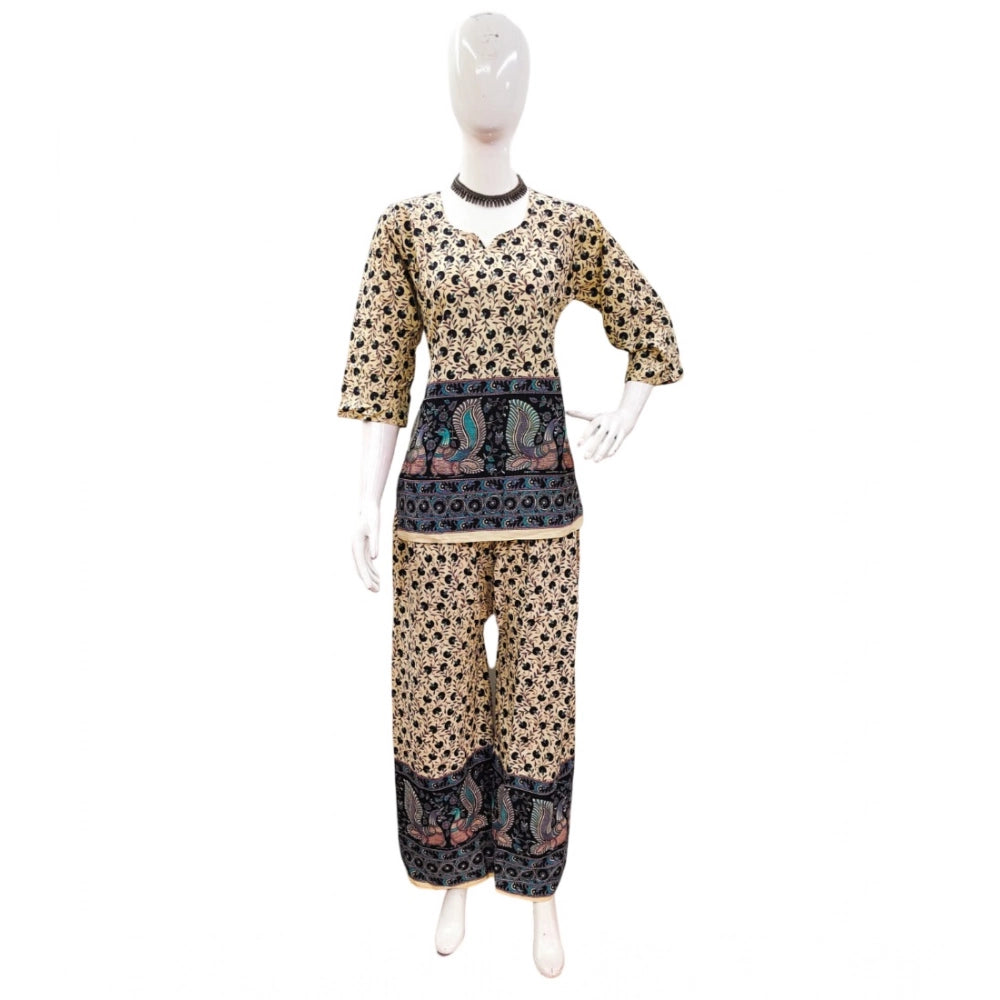 Multicolor cotton Jaipuri printed women's co ord set with sweetheart neckline and 3-4th sleeves