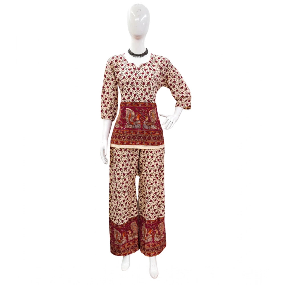 Multicolor cotton Jaipuri printed 3/4 sleeve coord set, sweetheart neckline, vibrant Indian-inspired style