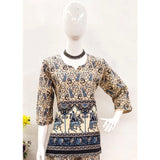 Multicolor cotton Jaipuri printed co ord set with sweetheart neckline and 3-4th sleeves