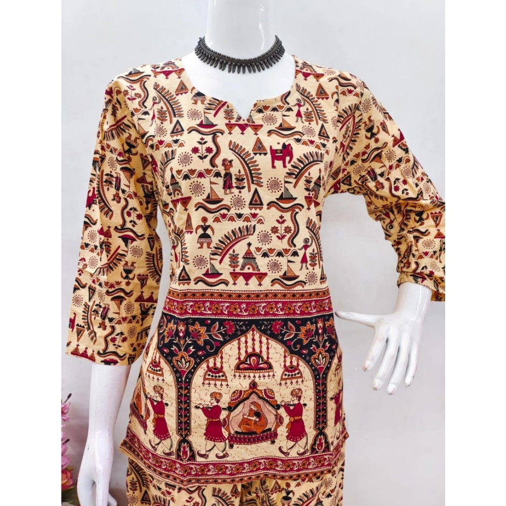 Multicolor cotton Jaipuri printed women's co ord set with 3-4th sleeves and sweetheart neckline