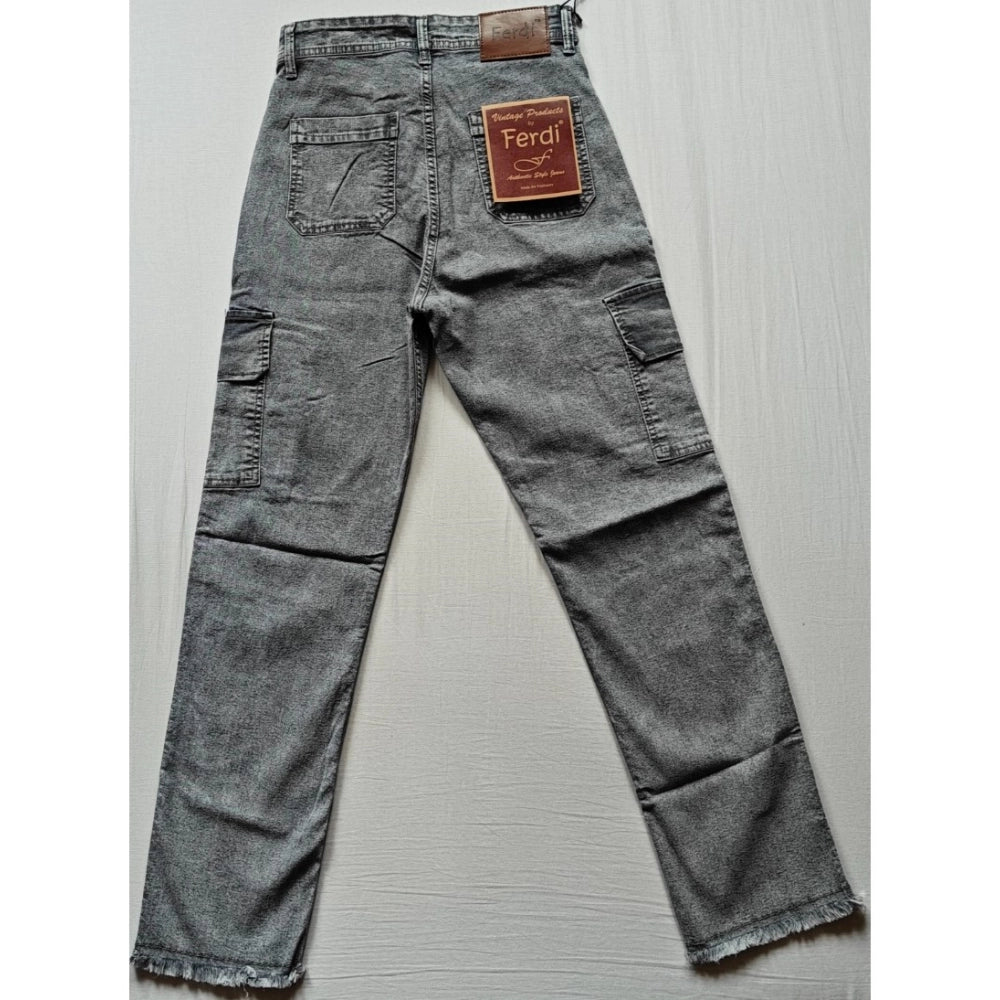 Grey cotton-blend cargo straight-fit women's pants with button closure - solid style, mid rise