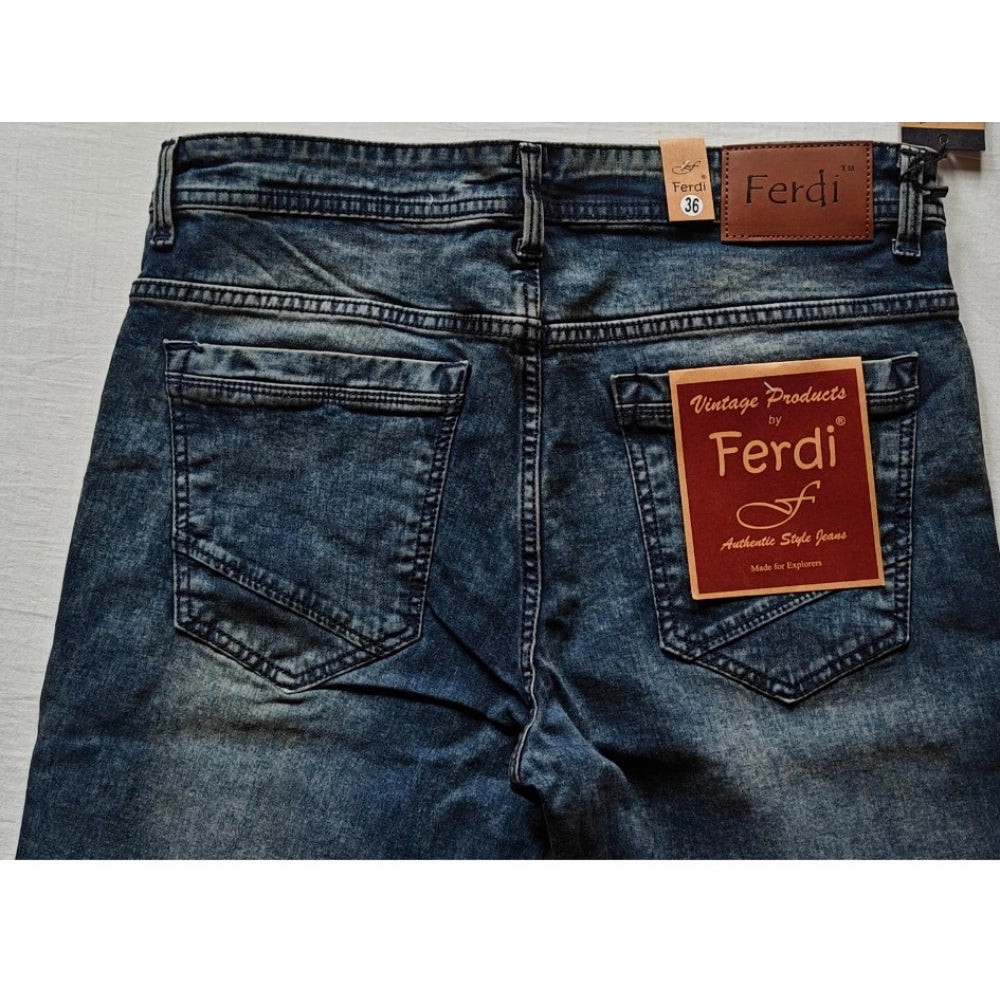 Blue cotton blended tapered jeans for men, solid pattern, mid-rise with button closure
