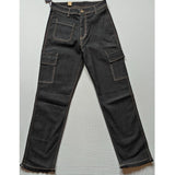 Black cotton blended cargo straight-fit women's pants, mid-rise with button closure