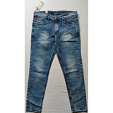 Blue cotton-blend men's tapered jeans, solid pattern, mid rise with button closure