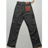 Grey cotton-blend women's cargo straight-fit jeans with button closure, solid pattern