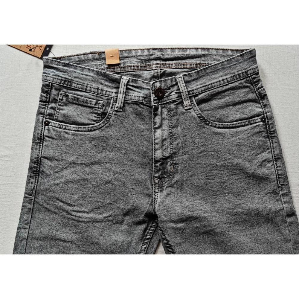 Gray cotton-blend tapered jeans for men, mid-rise fit with button closure