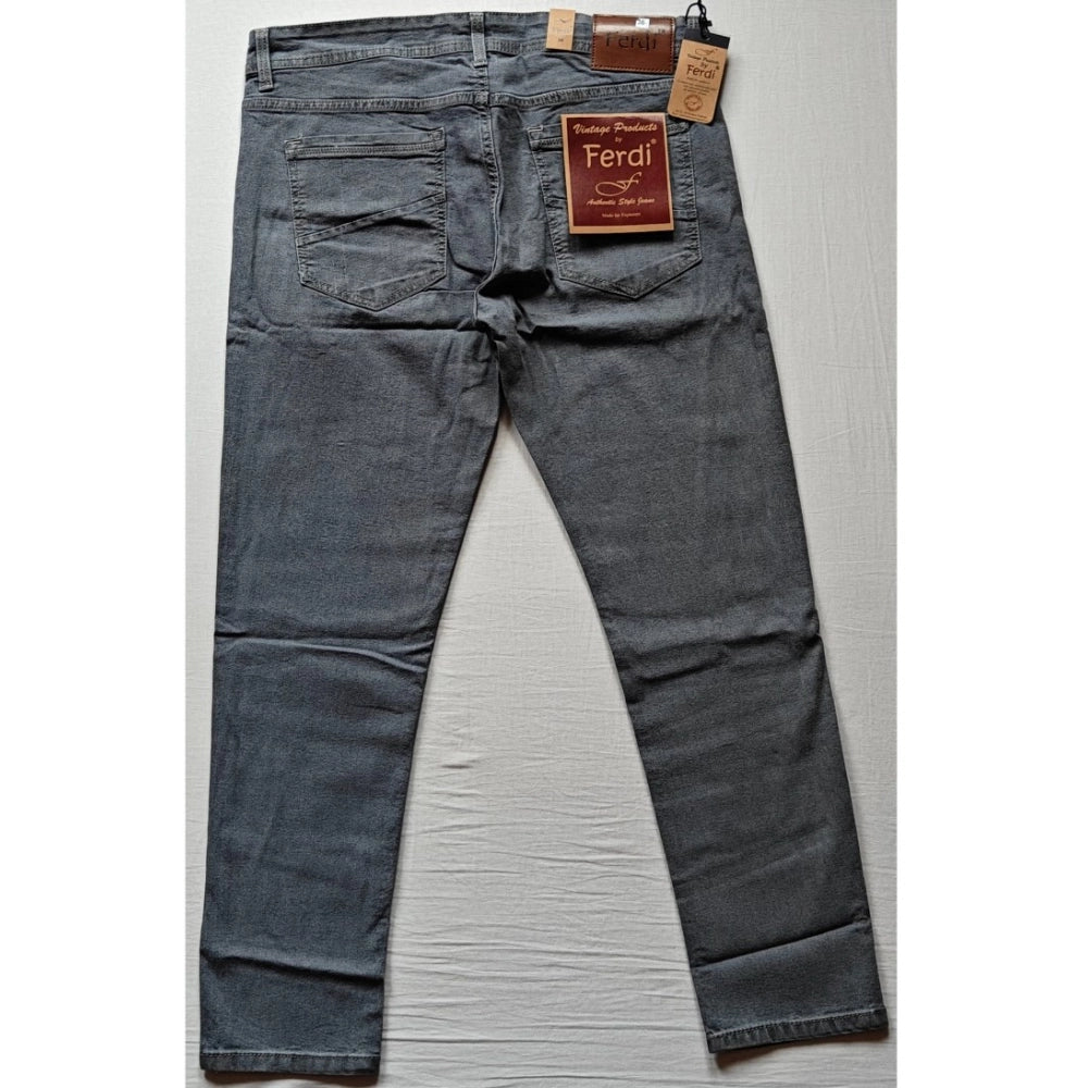 Grey cotton blended tapered jeans for men, mid rise with button closure