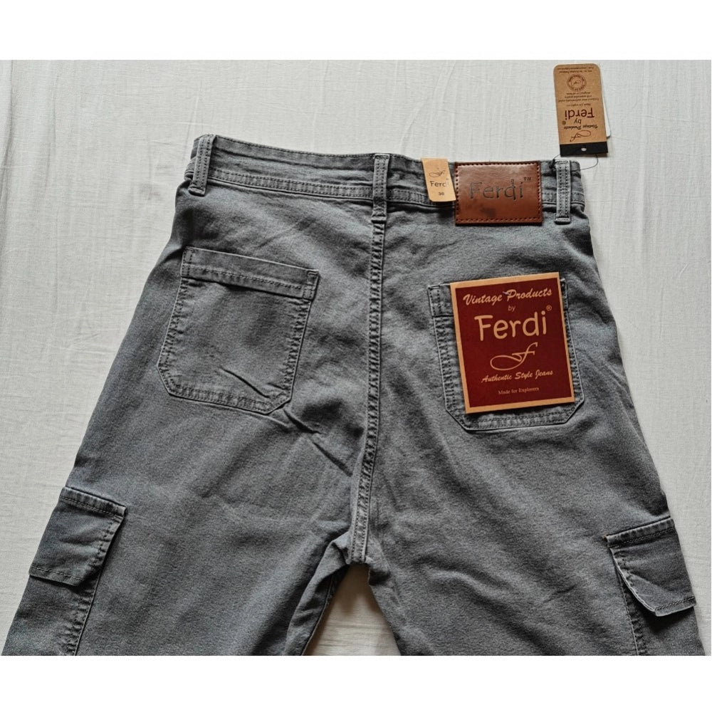 Grey cotton-blend cargo straight-fit women's pants, mid-rise with button closure