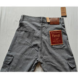Grey cotton-blend cargo straight-fit women's pants, mid-rise with button closure