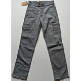 Grey cotton-blend cargo straight fit women's pants, solid pattern, mid rise with button closure