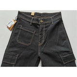 Black cotton-blend cargo straight-fit women's pants - solid design, mid-rise with button closure