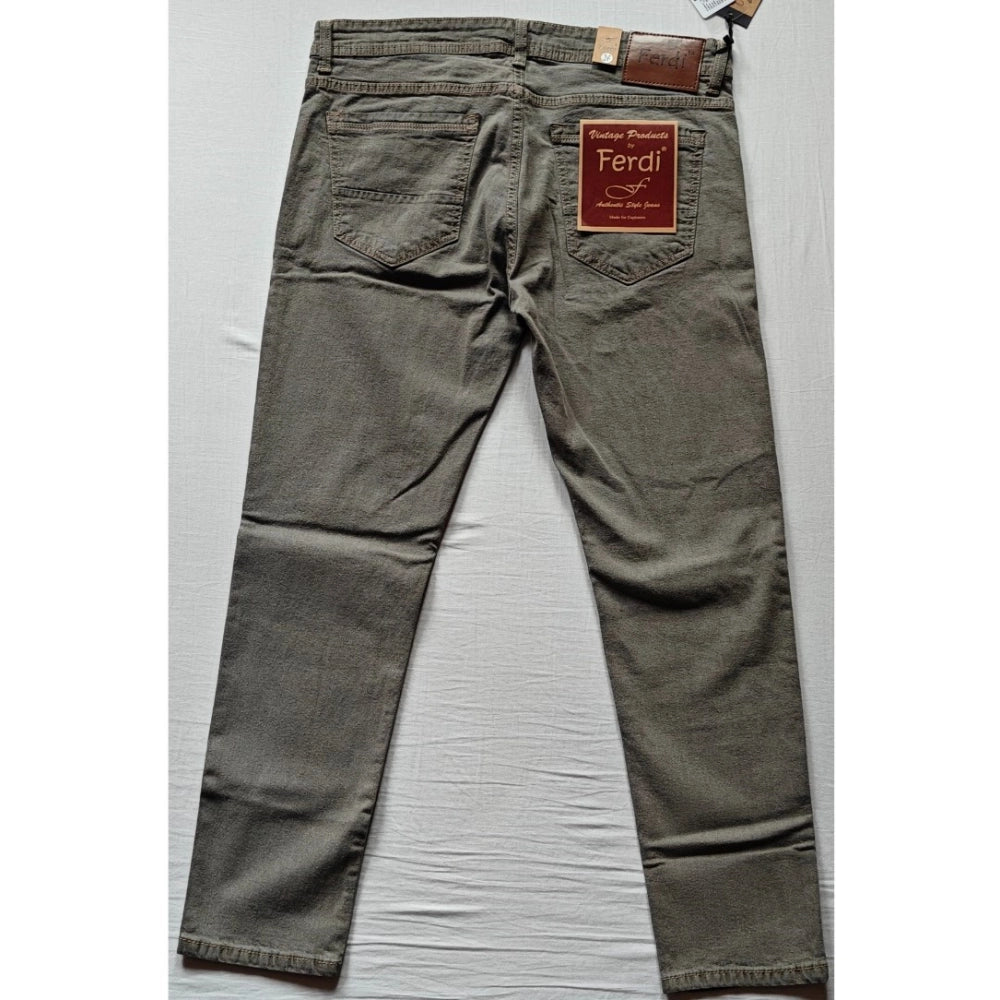 Men's khaki cotton blended tapered jeans, solid style for casual wear