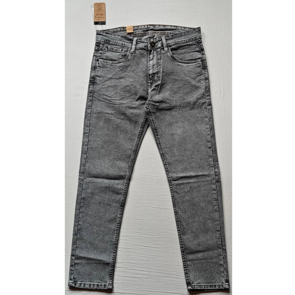 Grey cotton blended tapered jeans for men - mid rise, solid pattern, button closure