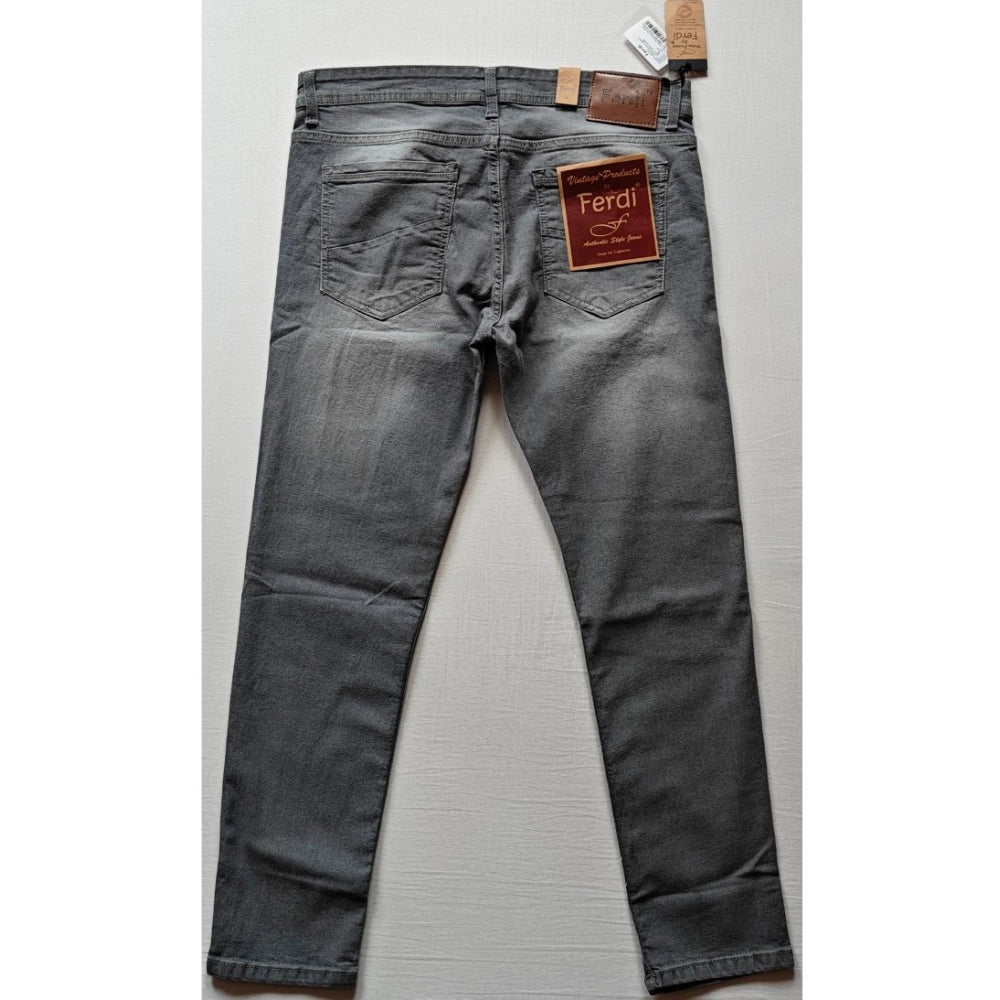 Gray cotton blended men's tapered jeans - solid pattern, mid-rise with button closure