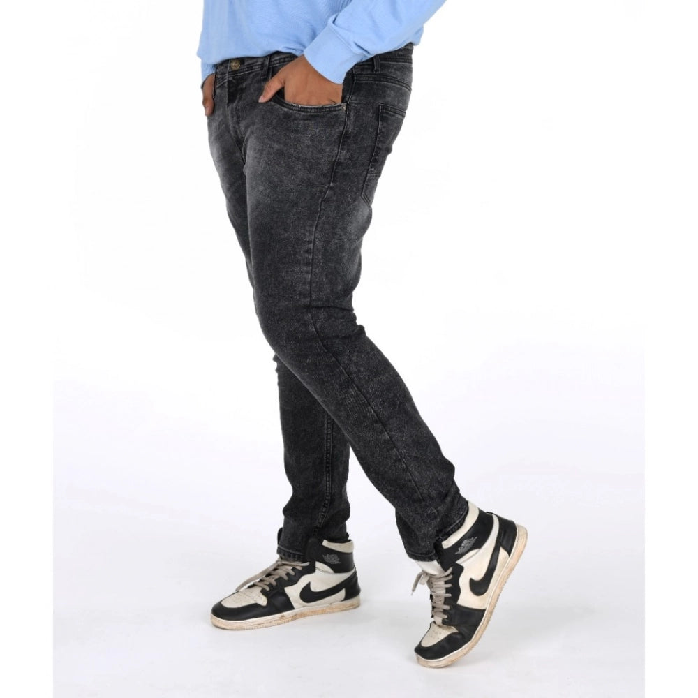Grey cotton blended plus size men's jeans, solid pattern with mid-rise and button closure
