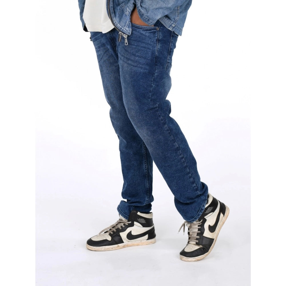 Blue cotton blended plus size men's jeans, solid pattern with mid-rise and button closure