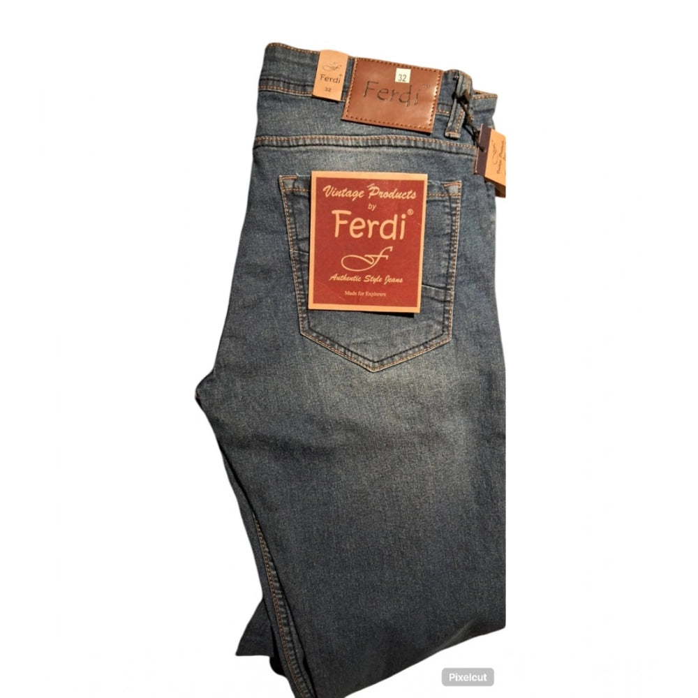 Blue cotton blended tapered jeans for men, solid pattern, mid rise with button closure