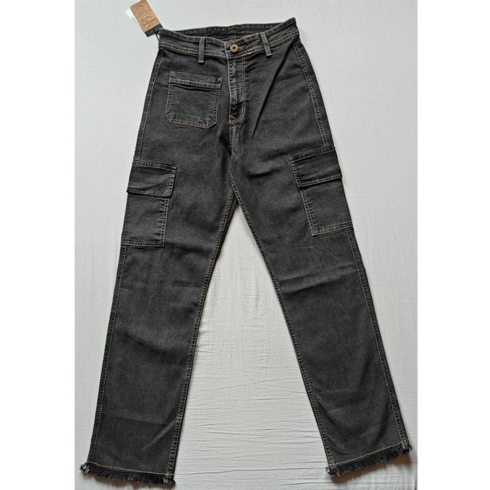 Gray cotton-blend women's cargo straight fit jeans, mid-rise with button closure