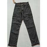 Gray cotton-blend women's cargo straight fit jeans, mid-rise with button closure