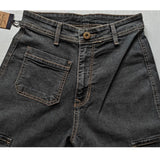 Grey cotton-blend women's cargo straight-fit jeans with button closure, mid rise
