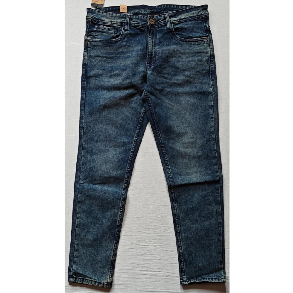 Blue cotton-blend tapered jeans for men, solid pattern, mid-rise, button closure