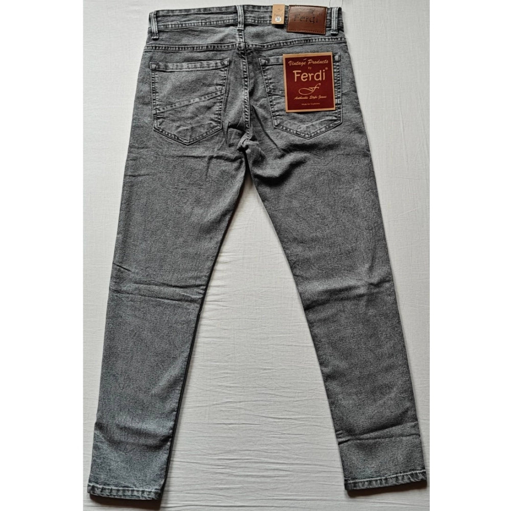 Grey cotton-blend men's tapered jeans - solid pattern, mid rise, button closure
